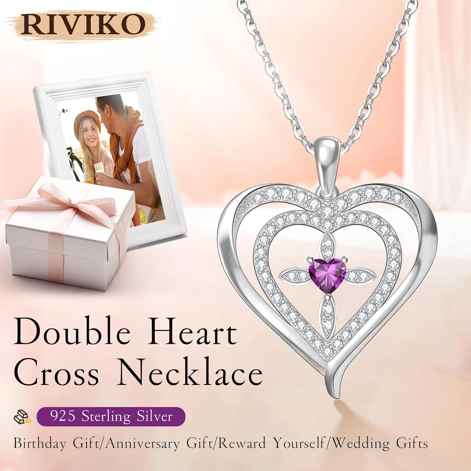 RIVIKO 925 Sterling Silver Cross Birthstone Necklace for Women,Love Heart Pendant Necklaces Trendy, Mothers Day Gifts for Mom,Anniversary Jewelry Birthday Gifts for Women Wife Mother Friend