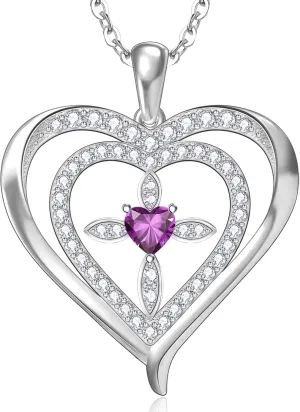 RIVIKO 925 Sterling Silver Cross Birthstone Necklace for Women,Love Heart Pendant Necklaces Trendy, Mothers Day Gifts for Mom,Anniversary Jewelry Birthday Gifts for Women Wife Mother Friend