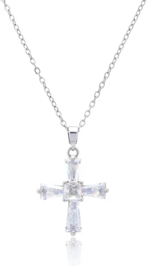 RIZILIA 18K White Gold Plated Women's Cross Necklace, Tapered Baguette Cut CZ [Simulated White Topaz] Dainty Cross Pendant Necklace for Women, Trendy Jewelry Gift for Women