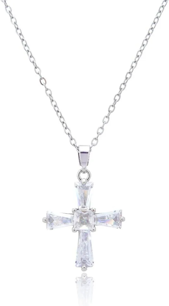 RIZILIA 18K White Gold Plated Women's Cross Necklace, Tapered Baguette Cut CZ [Simulated White Topaz] Dainty Cross Pendant Necklace for Women, Trendy Jewelry Gift for Women