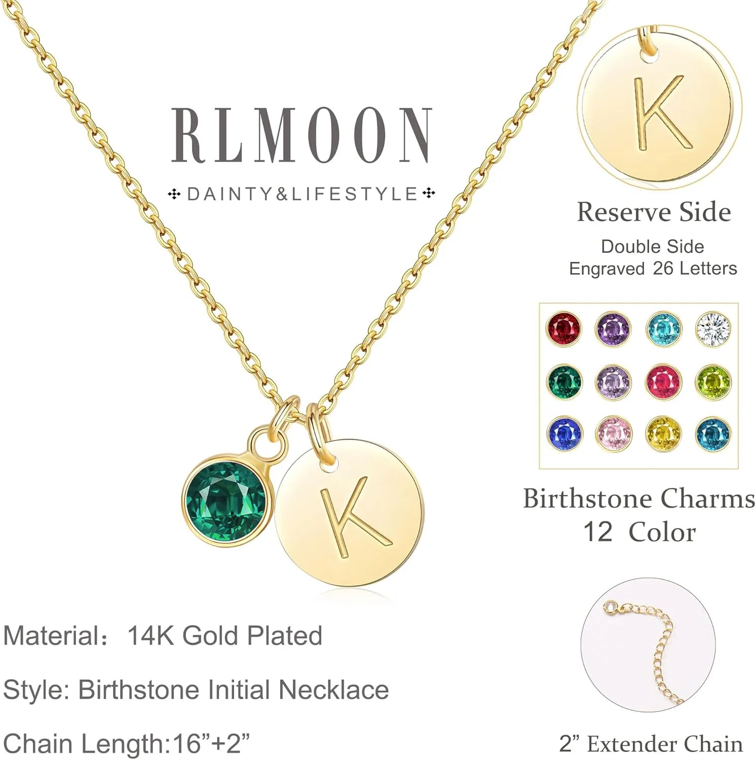 RLMOON Graduation Gifts Initial Birthstone Necklace for Women Gold Initial Necklace 14K Gold Plated Dainty Letter Necklace A-Z Pendant CZ Birthstone Personalized Jewelry Birthday Gift