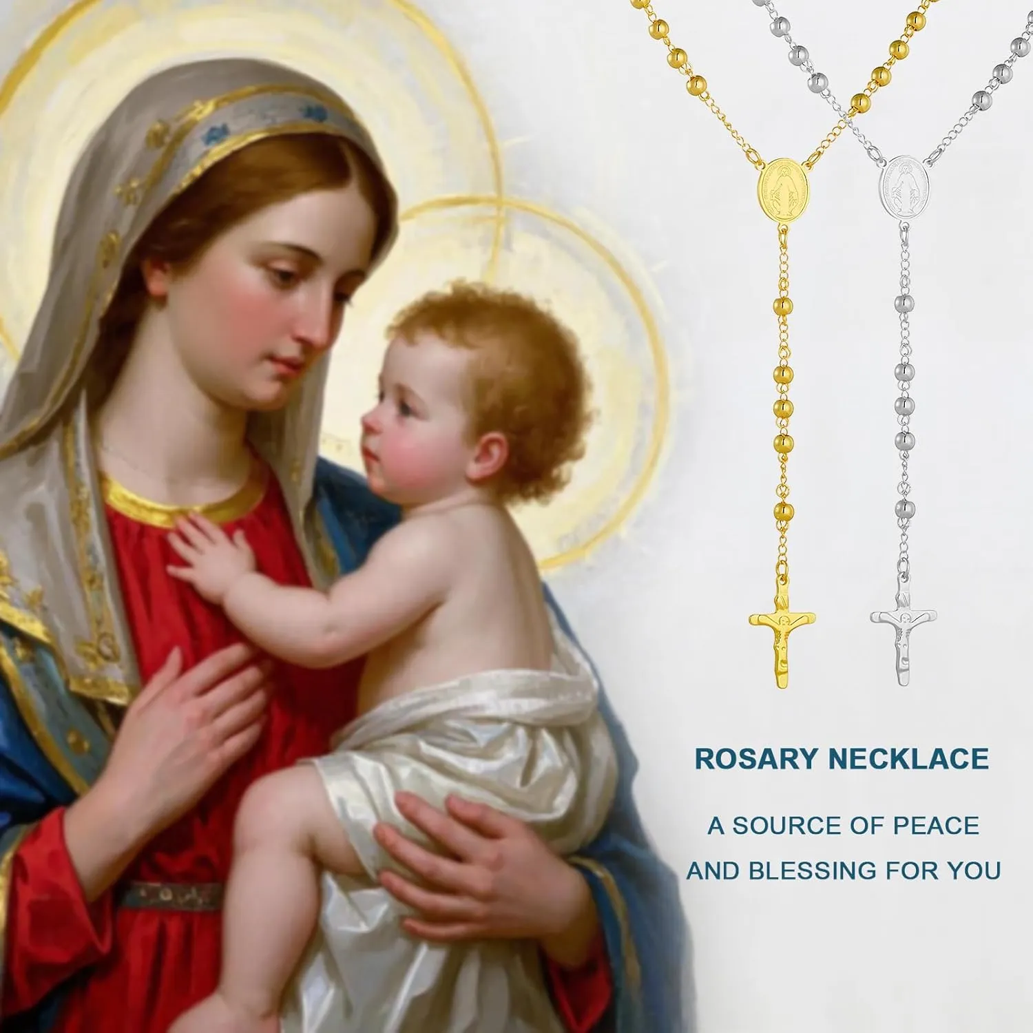 Rosary Beads Catholic Necklace for Women and Men 6mm 18K Gold Plated Stainless Steel Gold Long Crucifix Cross Christian Religious Anglican Prayer Beads Y-Necklace Jewelry with a Gift Box