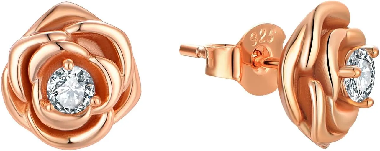 Rose Flower Stud Earrings 925 Sterling Silver Gold Plated Cubic Zirconia Earrings for Women