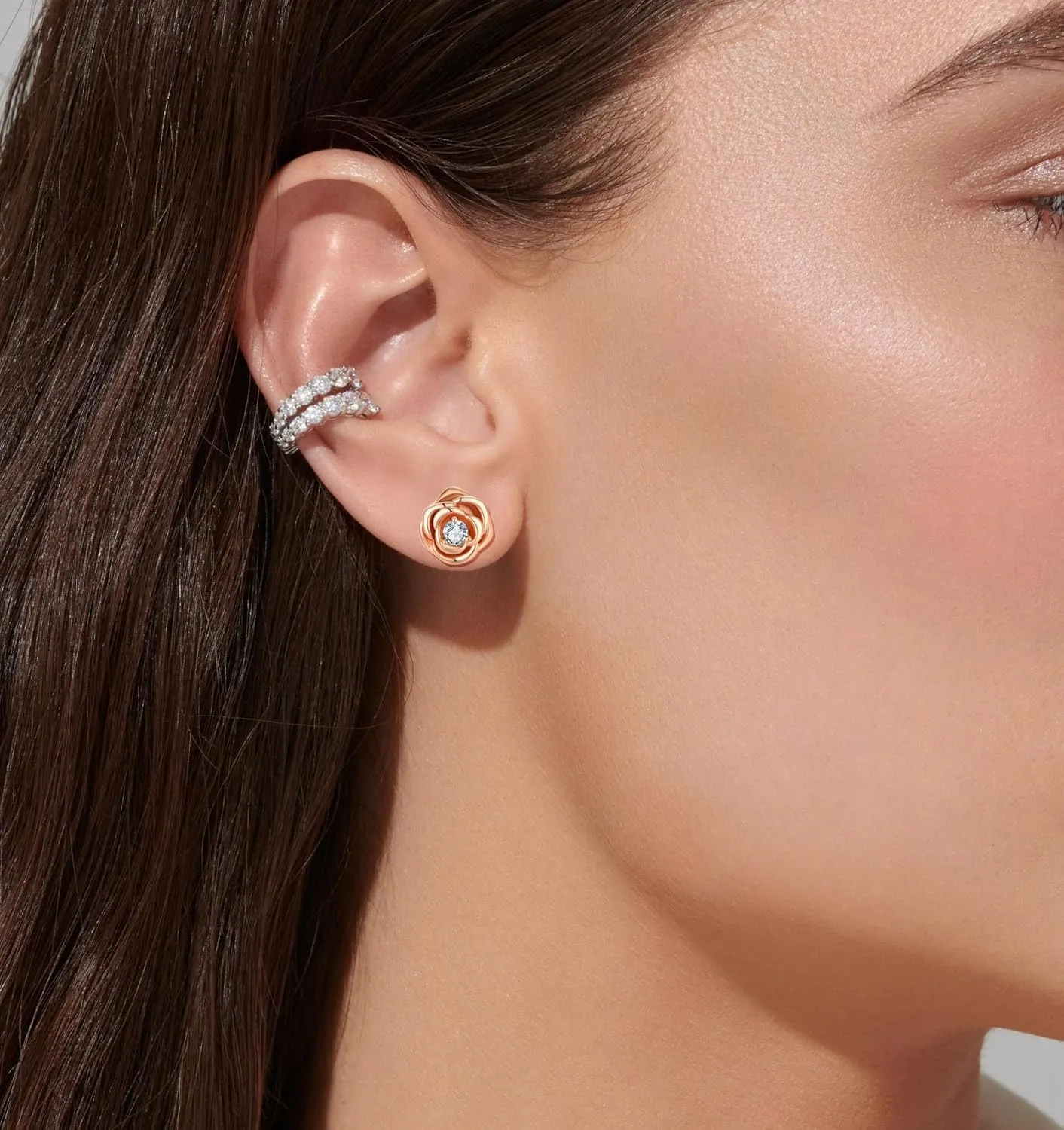 Rose Flower Stud Earrings 925 Sterling Silver Gold Plated Cubic Zirconia Earrings for Women