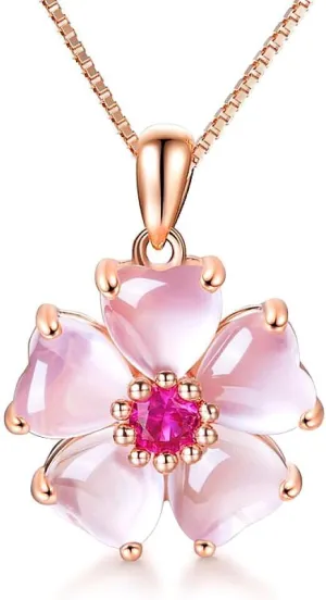 Rose Gold Cherry Blossoms Necklace for Graduation Pink Beautiful Artificial Stone Crystal Necklace Best Gifts for Women Friend Lover