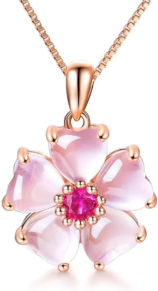 Rose Gold Cherry Blossoms Necklace for Graduation Pink Beautiful Artificial Stone Crystal Necklace Best Gifts for Women Friend Lover