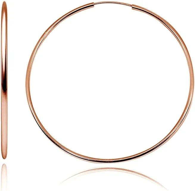 Rose Gold Flash Sterling Silver Endless 2mm High Polished Round Lightweight Unisex Hoop Earrings