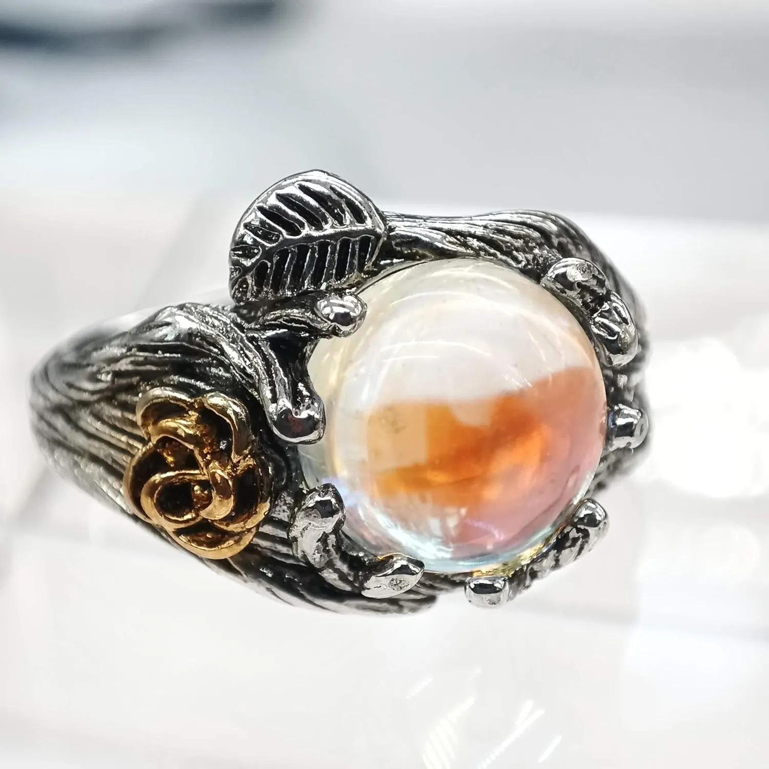 Rose Moonstone Ring Moon Ring 925 Cute Sterling Silver Rings Leaf Ring Wiccan Jewelry Rose Flower Ring Witchy Jewelry Healing Crystals Ring Antique Rings Moon Stones Ring for Women