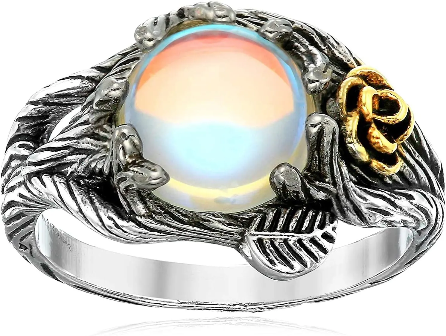 Rose Moonstone Ring Moon Ring 925 Cute Sterling Silver Rings Leaf Ring Wiccan Jewelry Rose Flower Ring Witchy Jewelry Healing Crystals Ring Antique Rings Moon Stones Ring for Women