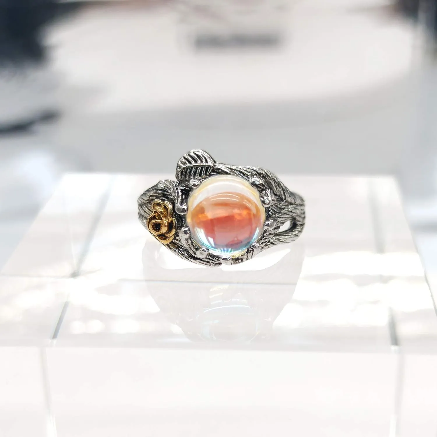 Rose Moonstone Ring Moon Ring 925 Cute Sterling Silver Rings Leaf Ring Wiccan Jewelry Rose Flower Ring Witchy Jewelry Healing Crystals Ring Antique Rings Moon Stones Ring for Women