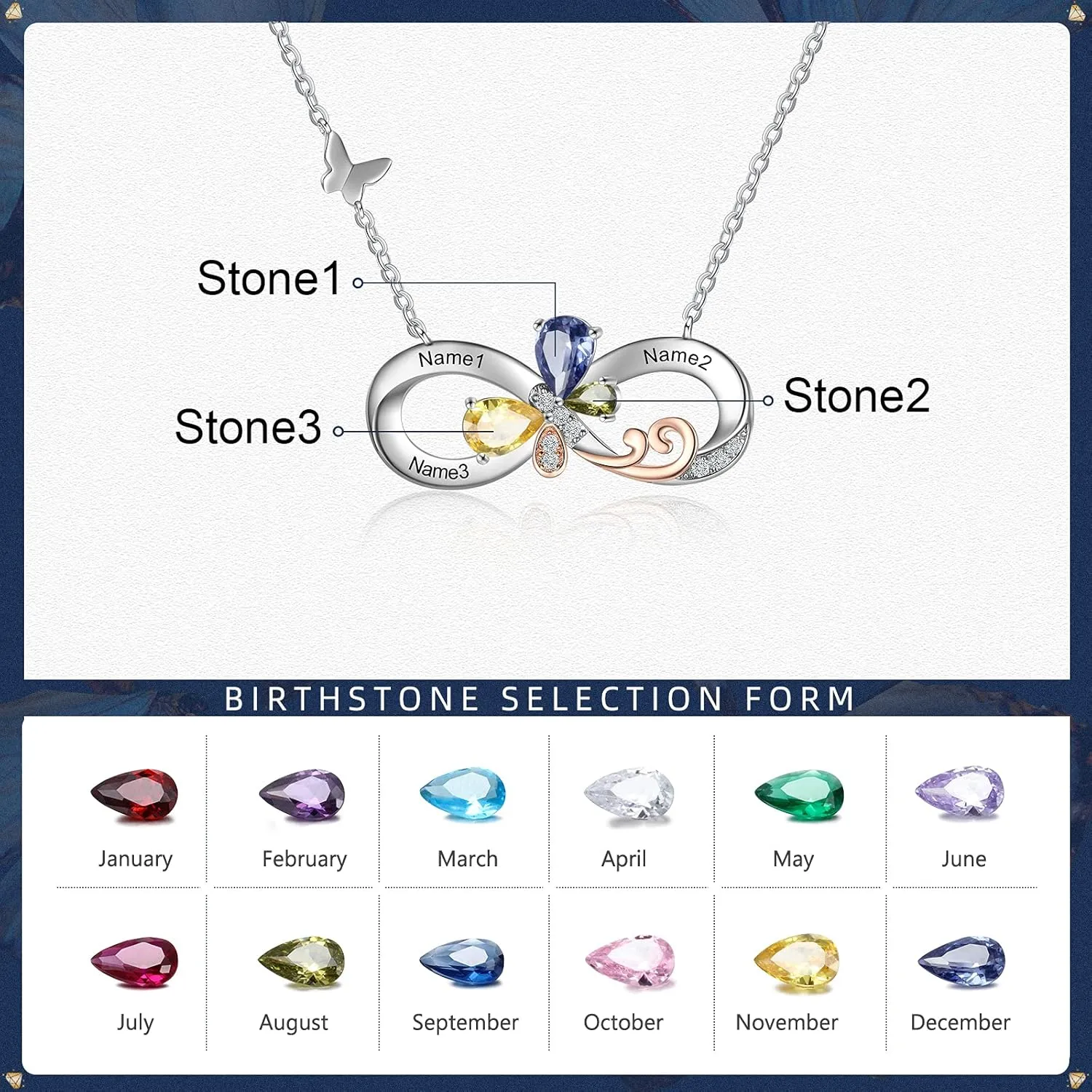 ROSI Personalized Necklaces for Women Butterfly Infinity Pendant Necklace with Birthstones Engraved 2-4 Names Custom Necklace Fashion Jewelry Gift For Mother Wife Girlfriend Friend