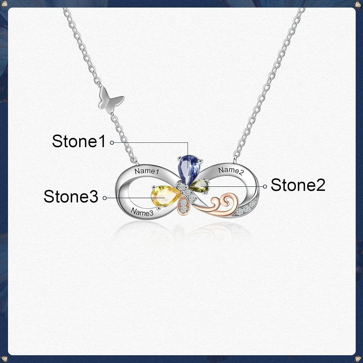ROSI Personalized Necklaces for Women Butterfly Infinity Pendant Necklace with Birthstones Engraved 2-4 Names Custom Necklace Fashion Jewelry Gift For Mother Wife Girlfriend Friend