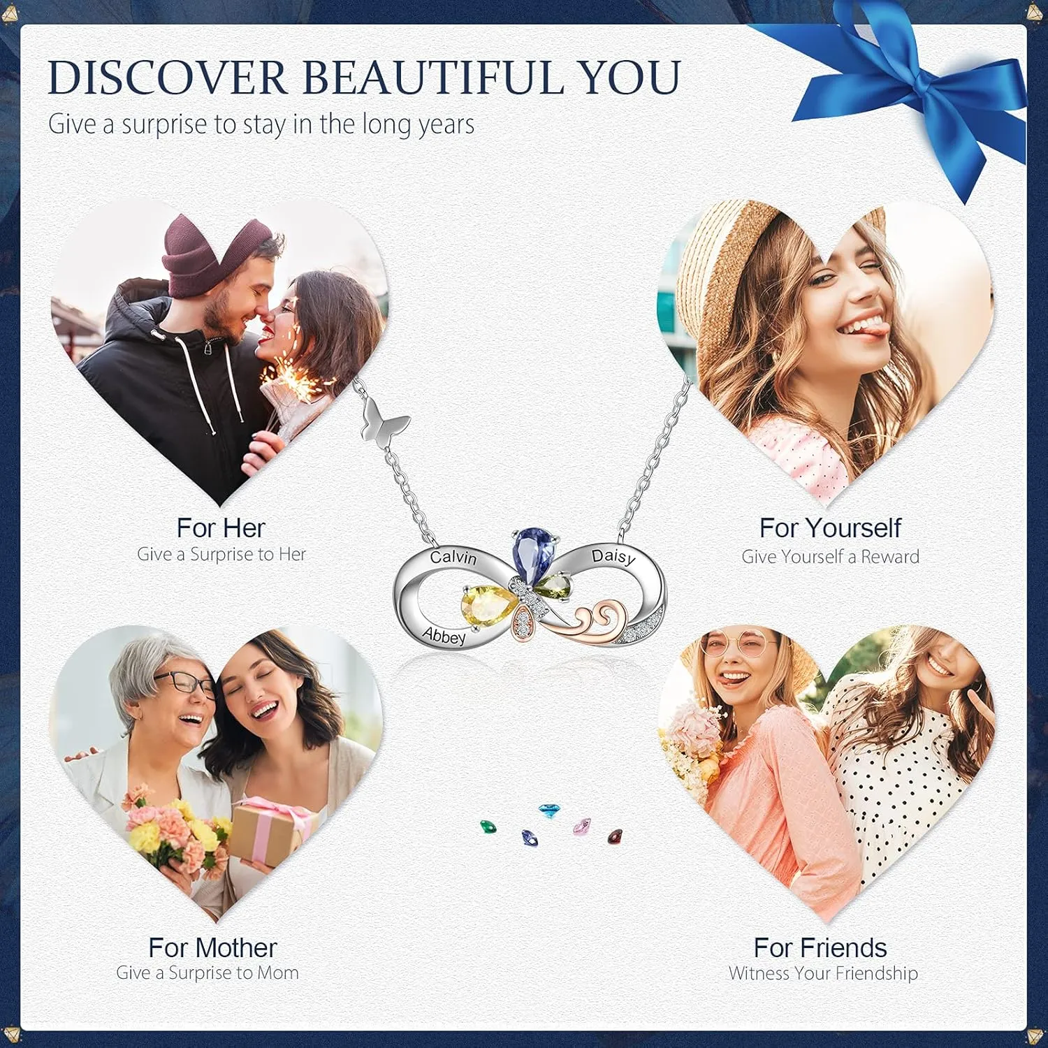 ROSI Personalized Necklaces for Women Butterfly Infinity Pendant Necklace with Birthstones Engraved 2-4 Names Custom Necklace Fashion Jewelry Gift For Mother Wife Girlfriend Friend