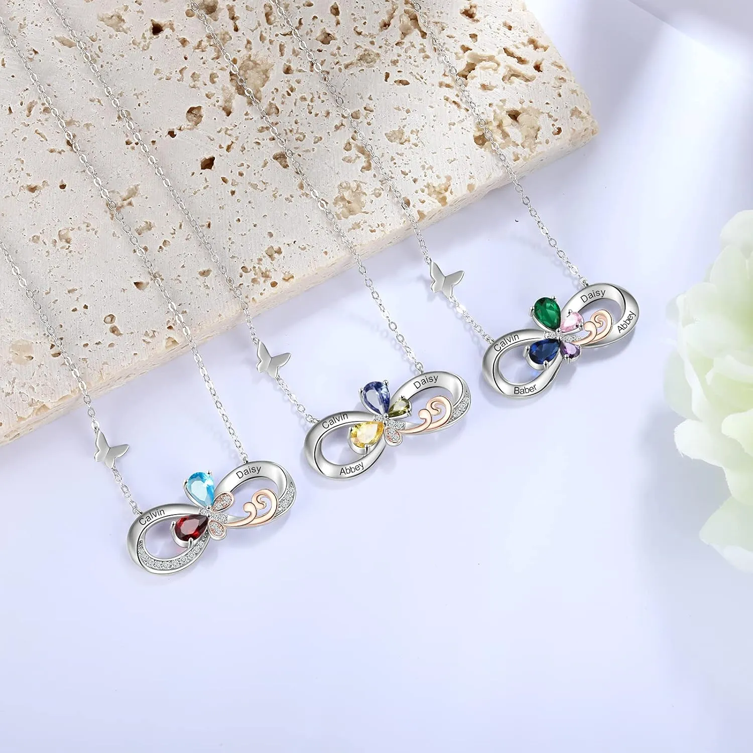 ROSI Personalized Necklaces for Women Butterfly Infinity Pendant Necklace with Birthstones Engraved 2-4 Names Custom Necklace Fashion Jewelry Gift For Mother Wife Girlfriend Friend