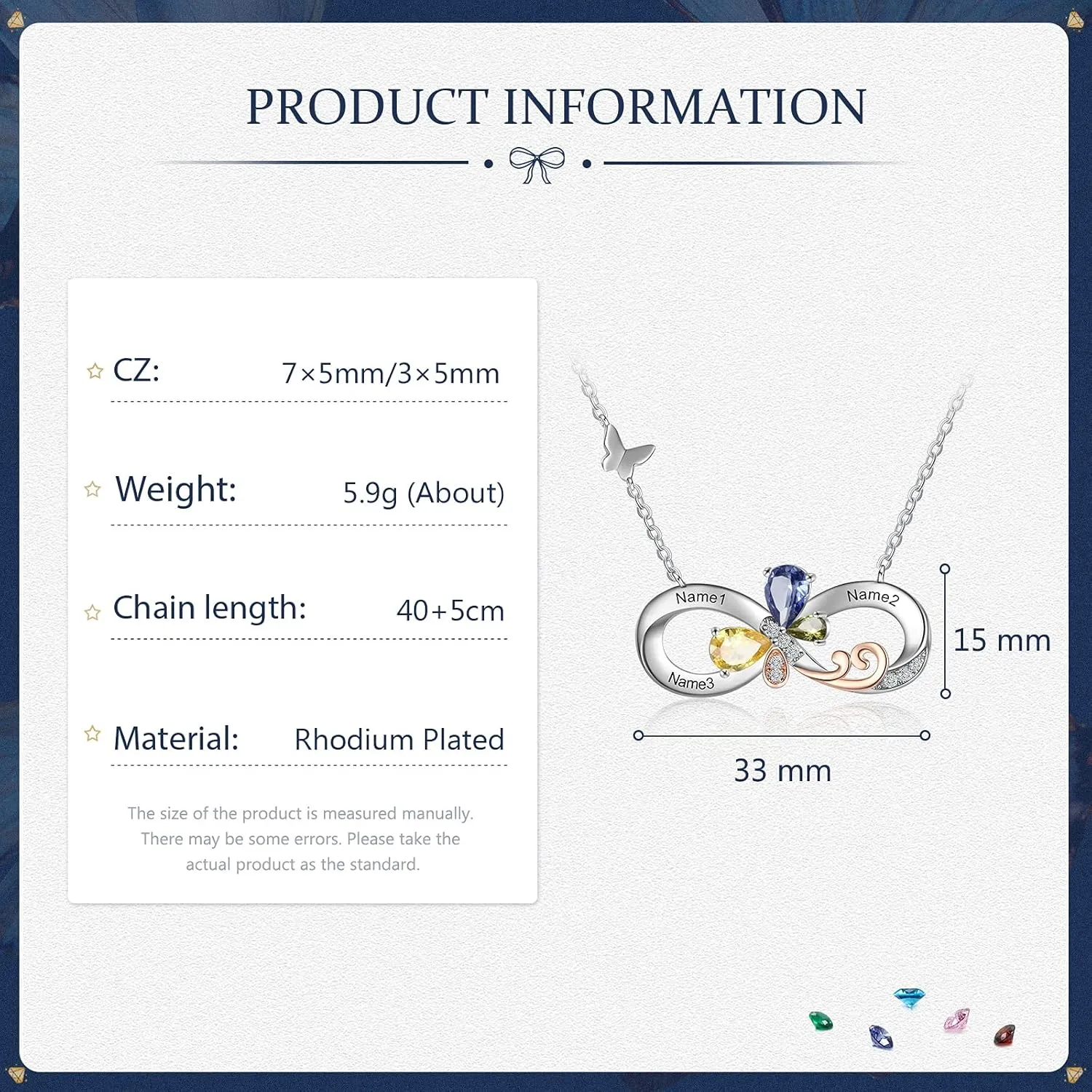 ROSI Personalized Necklaces for Women Butterfly Infinity Pendant Necklace with Birthstones Engraved 2-4 Names Custom Necklace Fashion Jewelry Gift For Mother Wife Girlfriend Friend