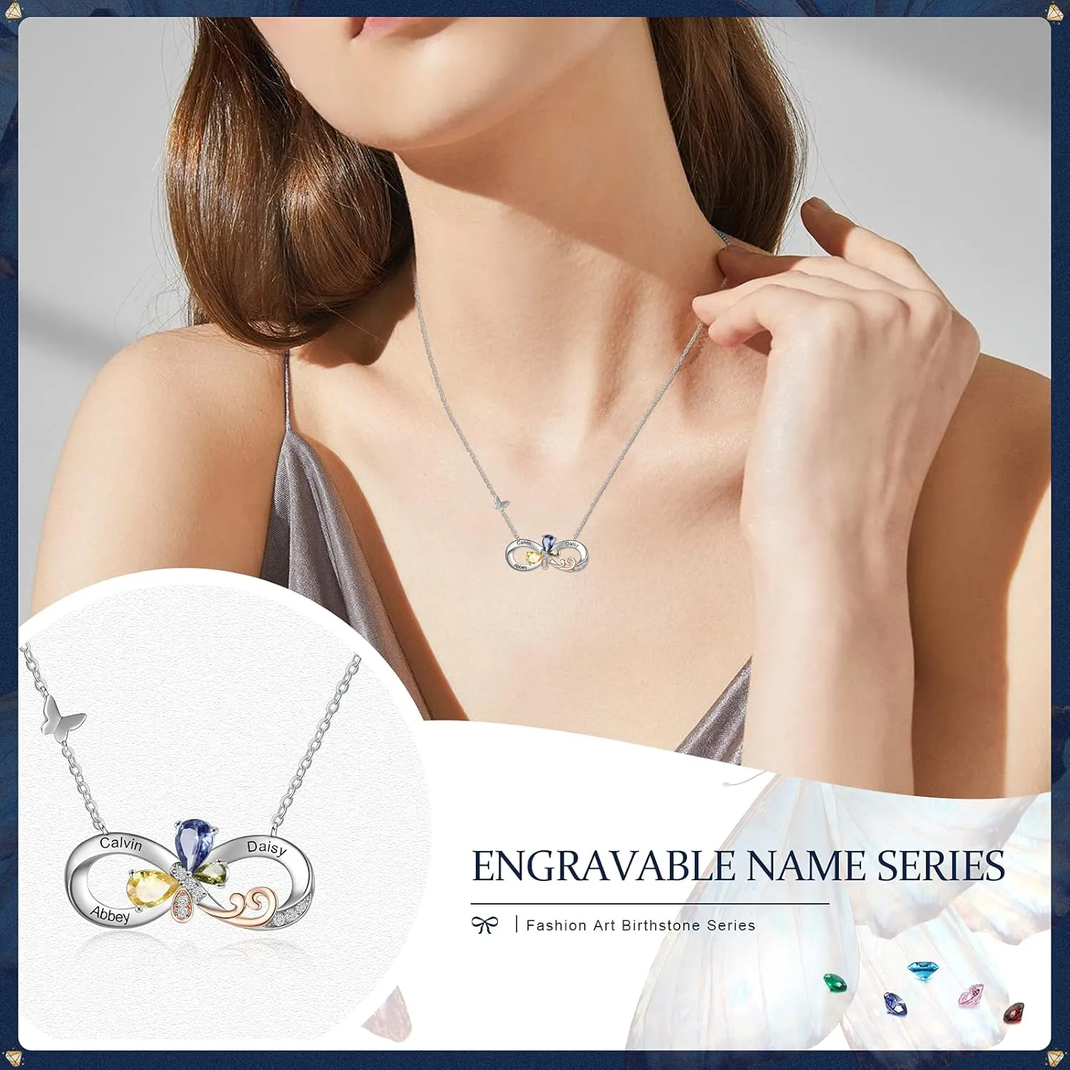ROSI Personalized Necklaces for Women Butterfly Infinity Pendant Necklace with Birthstones Engraved 2-4 Names Custom Necklace Fashion Jewelry Gift For Mother Wife Girlfriend Friend
