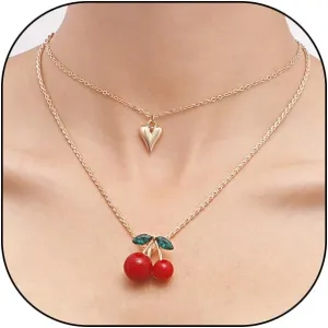 Rrdaily 14K Gold Layered Large Cherry Pendant Necklace for Women,Dainty High Polish Heart Choker Necklace,Trendy Birthday Graduation Jewelry Gifts