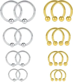 Ruifan 16-24PCS 16G Surgical Steel Horseshoe & Captive Bead Nose Hoop Septum Earring Eyebrow Tongue Lip Nipple Helix Tragus Piercing Jewelry Rings 6-16mm