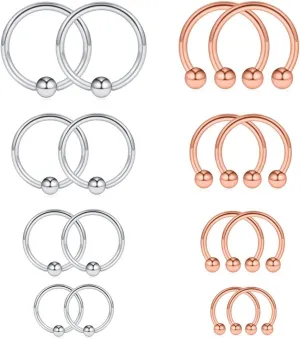 Ruifan 8PRS(16PCS) 14G Surgical Steel Horseshoe & Captive Bead Nose Hoop Septum Earring Eyebrow Tongue Lip Nipple Helix Tragus Piercing Rings 6-12mm