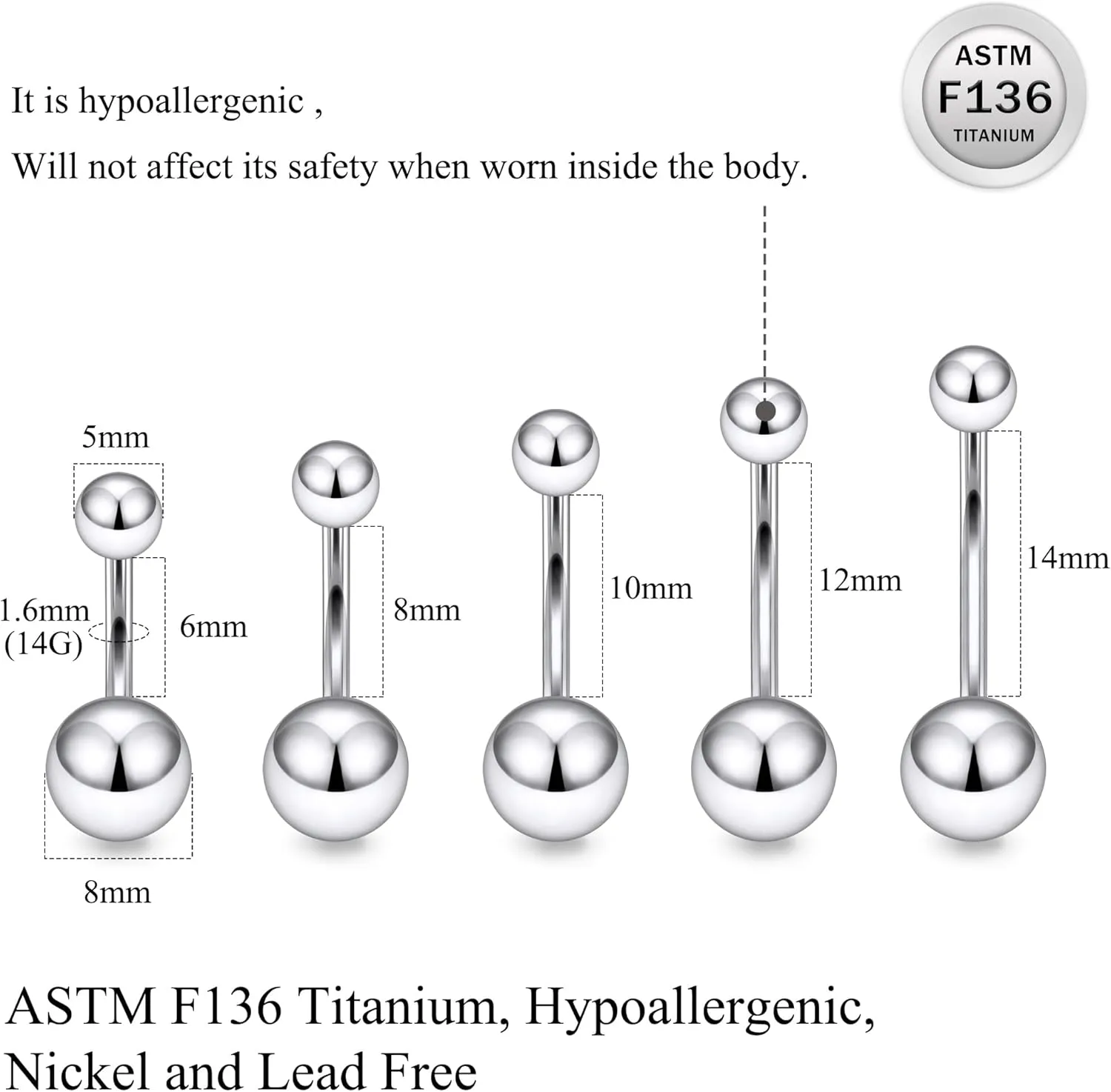 Ruifan ASTM F136 Titanium Belly Button Rings 16G 14G Ball Belly Navel Rings 6mm 8mm 10mm 12mm 14mm Bar Body Piercing Jewelry Navel Ring For Women