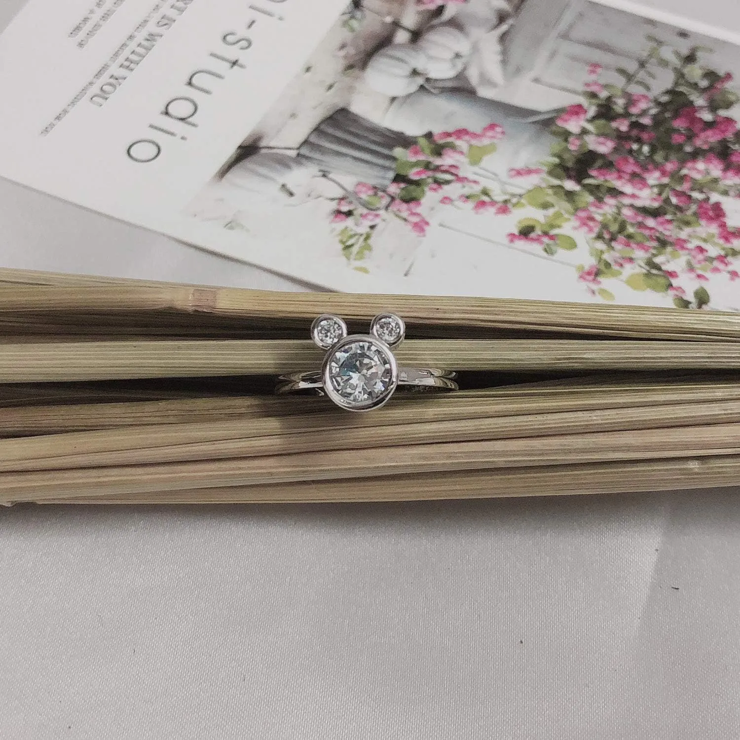 S925 Silver Plated Adjustable Mouse Shape Ring with Dazzling Cubic Zirconia Rings for Women Girls Birthday Gifts (Included Beautiful Jewelry Box)