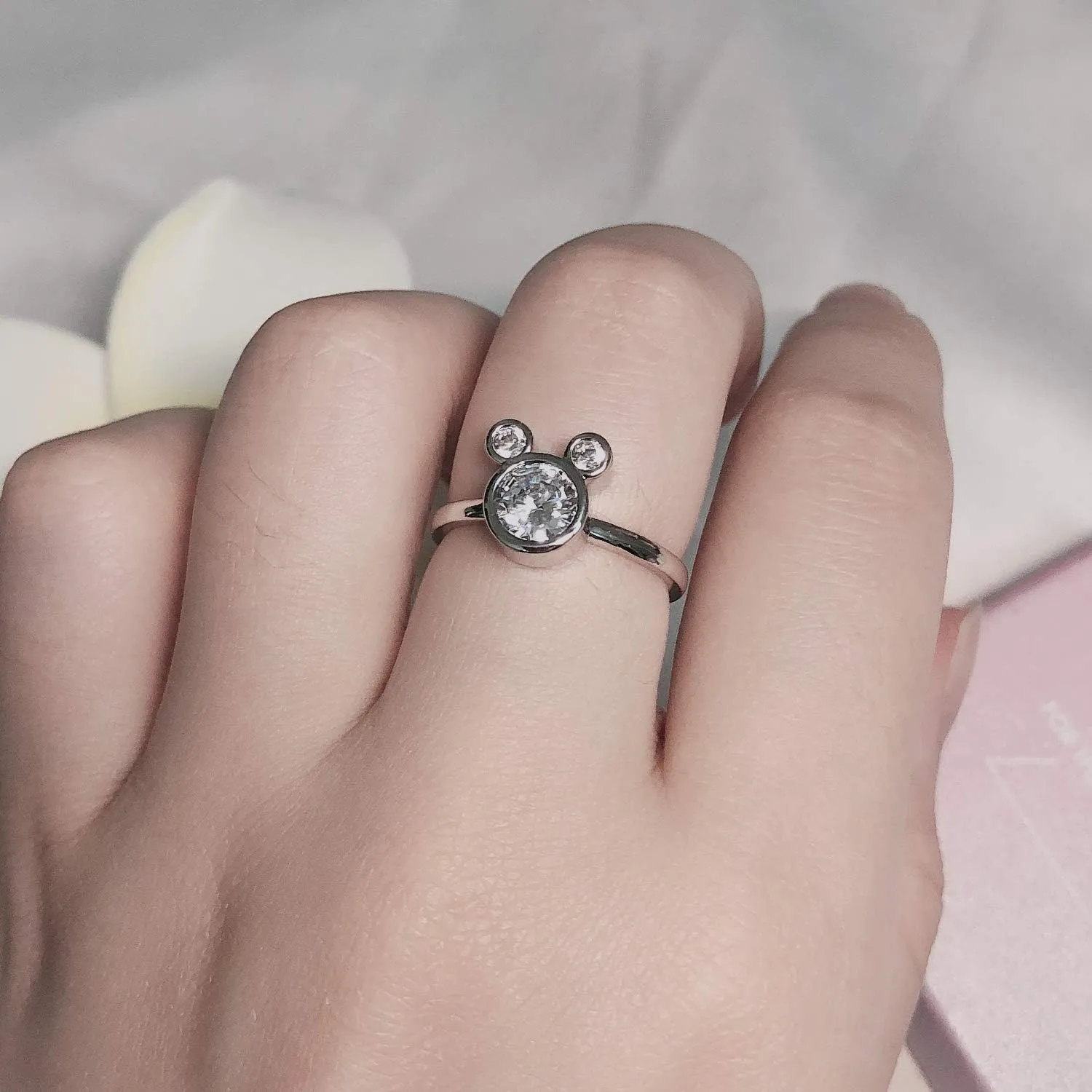 S925 Silver Plated Adjustable Mouse Shape Ring with Dazzling Cubic Zirconia Rings for Women Girls Birthday Gifts (Included Beautiful Jewelry Box)