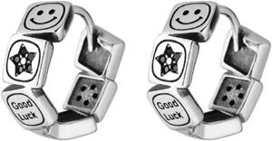 S925 Smiley Small Silver Hoop Earrings, Anti-Allergy Earrings for Women, Smiley/Star/Good Luck