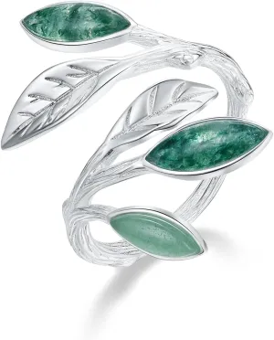 S925 Sterling Silver Marquise Shape Jade Aventurine Open Leaf Ring Olive Leaf Ring Handmade Jewelry Unique Gifts for Women Mother Mom Wife