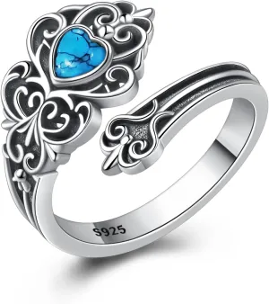 S925-Sterling-Silver Turquoise Spoon Ring - Vintage Boho Victorian Style Antique Floral Adjustable Thumb Rings Jewelry Gifts for Women (Blue Turquise)