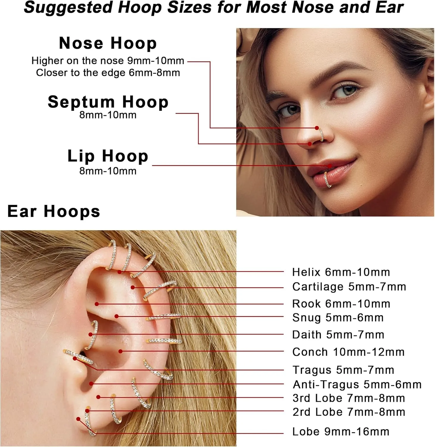 SAILIMUE G23 Titanium CZ Nose Rings Hoop for Women 18G 16G Clicker Hinged Segment Septum Lip Rings Tragus Conch Helix Cartilage Rook Daith Earrings Hoop Piercing Jewelry Diameter 6mm 8mm 10mm Silver Gold