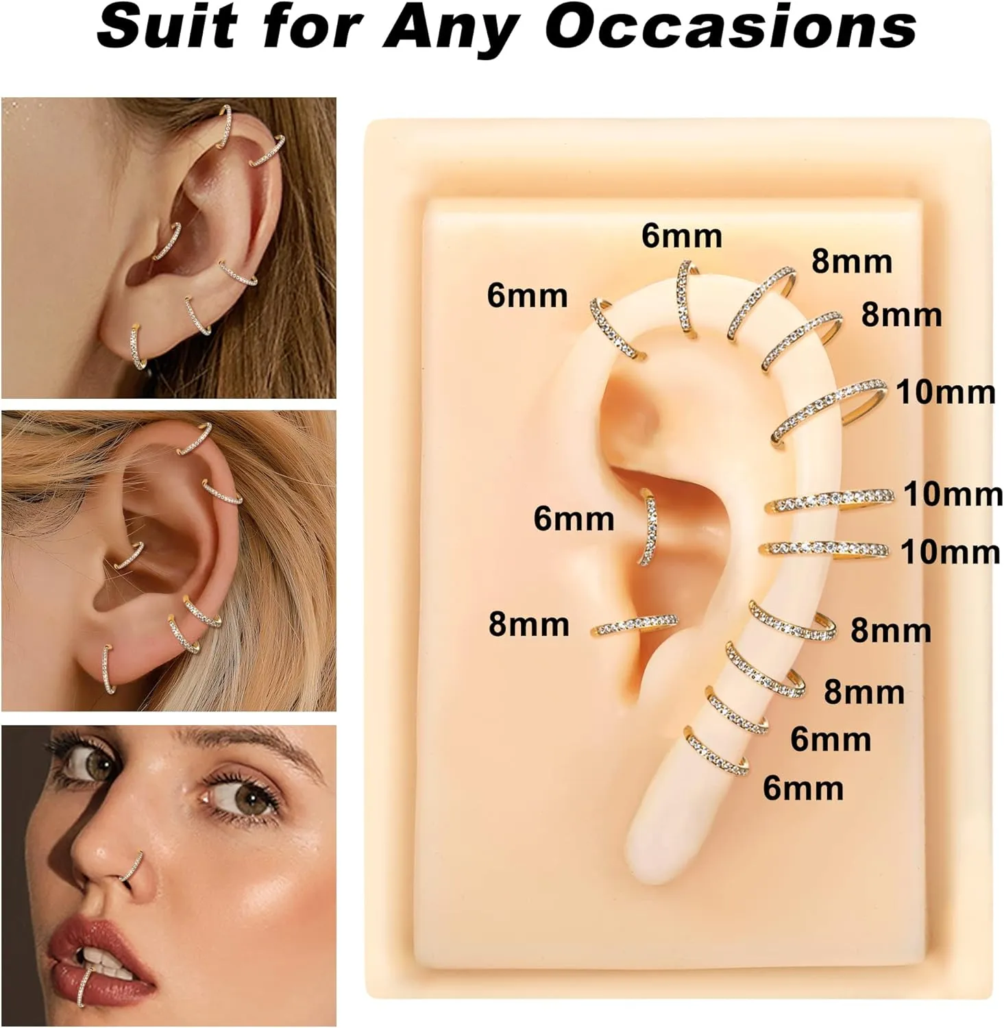 SAILIMUE G23 Titanium CZ Nose Rings Hoop for Women 18G 16G Clicker Hinged Segment Septum Lip Rings Tragus Conch Helix Cartilage Rook Daith Earrings Hoop Piercing Jewelry Diameter 6mm 8mm 10mm Silver Gold