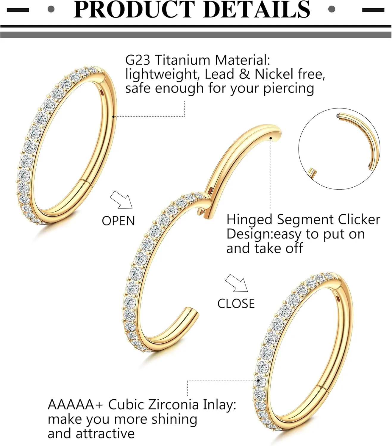 SAILIMUE G23 Titanium CZ Nose Rings Hoop for Women 18G 16G Clicker Hinged Segment Septum Lip Rings Tragus Conch Helix Cartilage Rook Daith Earrings Hoop Piercing Jewelry Diameter 6mm 8mm 10mm Silver Gold