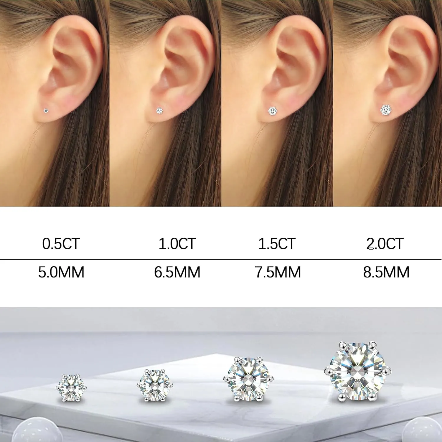 Saintda S925 Sterling Silver Moissanite Earrings for Women 0.5-2ct D Color VVS1 FL Clarity Excellent Round Cut Lab Grown Diamond Gold/Ruthenium Vermeil Earrings Gifts