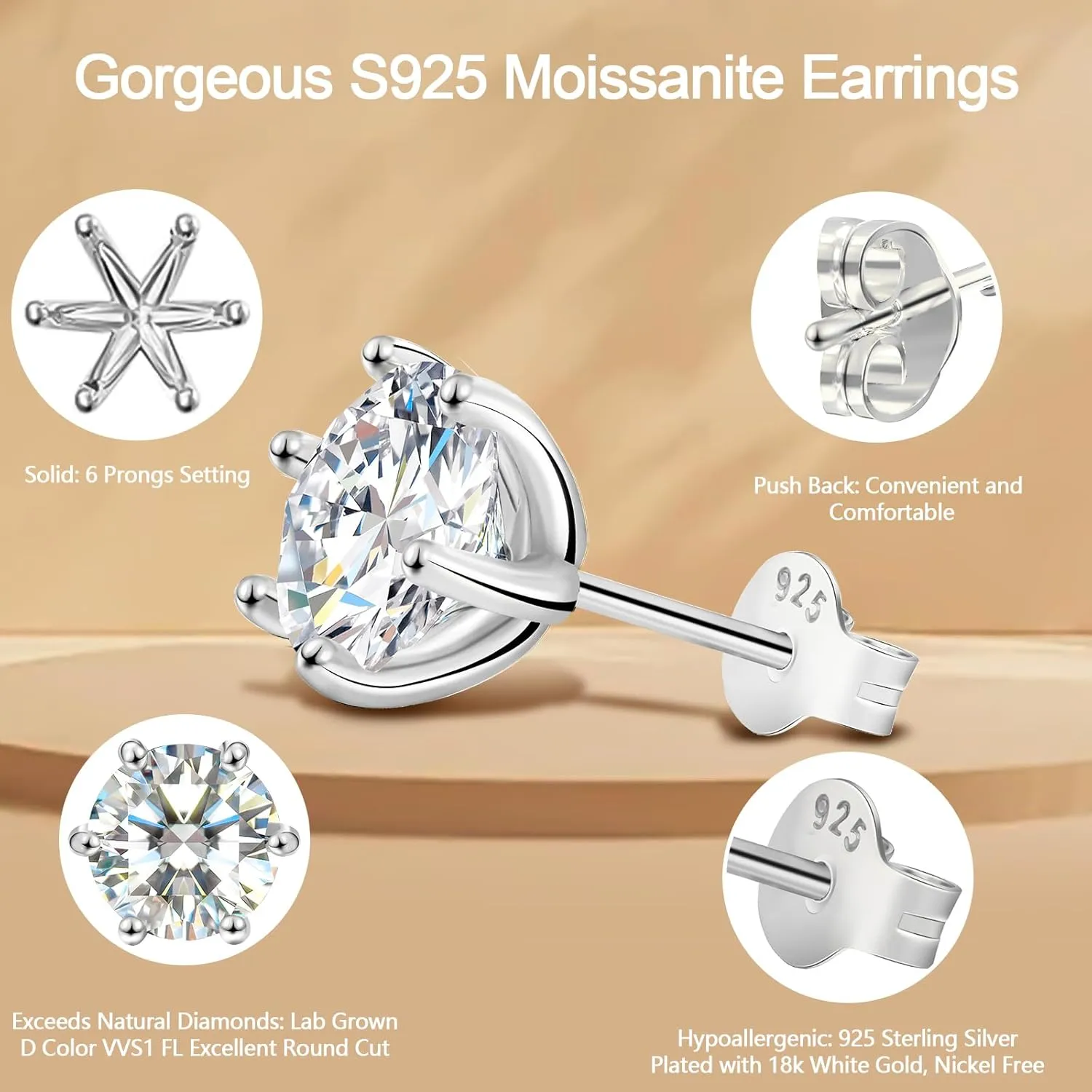 Saintda S925 Sterling Silver Moissanite Earrings for Women 0.5-2ct D Color VVS1 FL Clarity Excellent Round Cut Lab Grown Diamond Gold/Ruthenium Vermeil Earrings Gifts