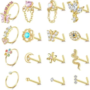 Sanfenly 16Pcs 20G Nose Rings Dangle Nose Ring L Shaped for Women Men Stainless Steel Dangling Heart Butterfly Moon CZ Nose Rings Hoops Studs Nose Piercing Jewelry Gold Rose Gold Silver Black