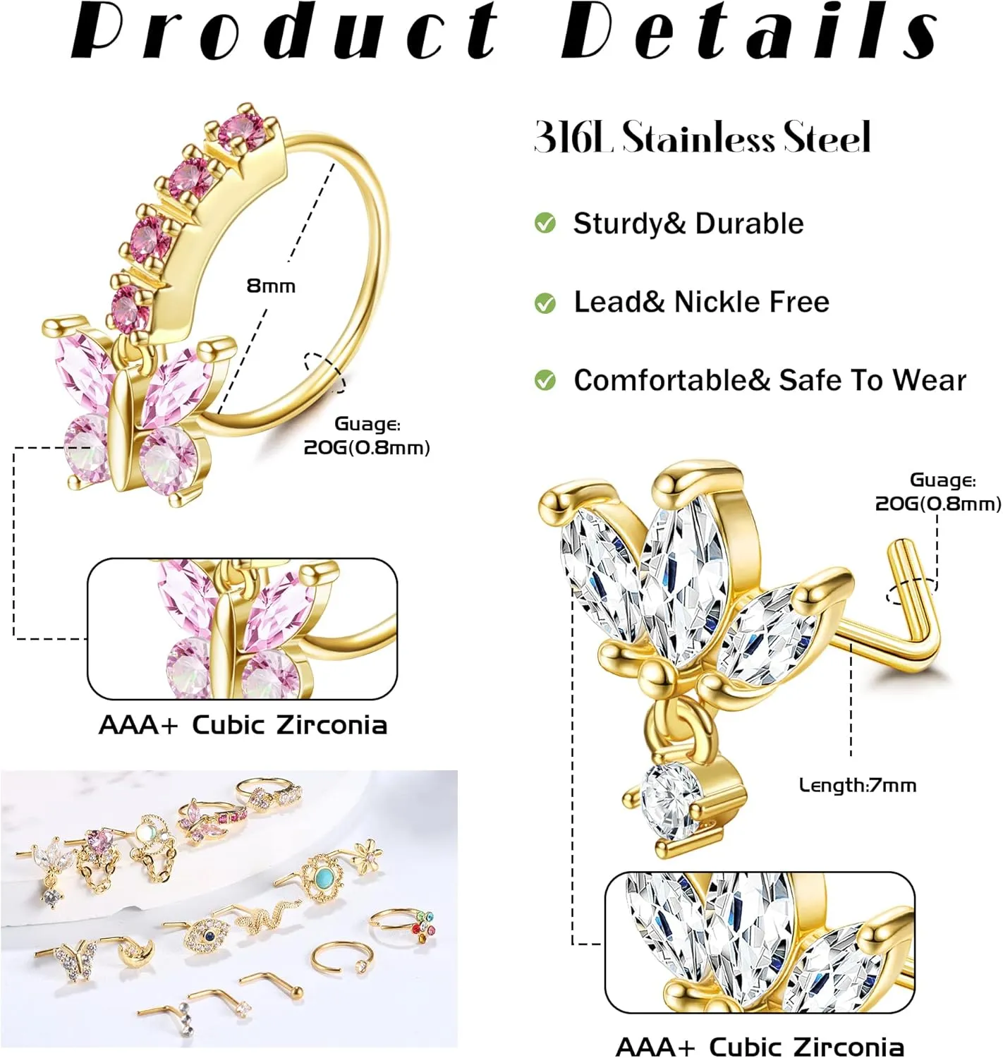 Sanfenly 16Pcs 20G Nose Rings Dangle Nose Ring L Shaped for Women Men Stainless Steel Dangling Heart Butterfly Moon CZ Nose Rings Hoops Studs Nose Piercing Jewelry Gold Rose Gold Silver Black