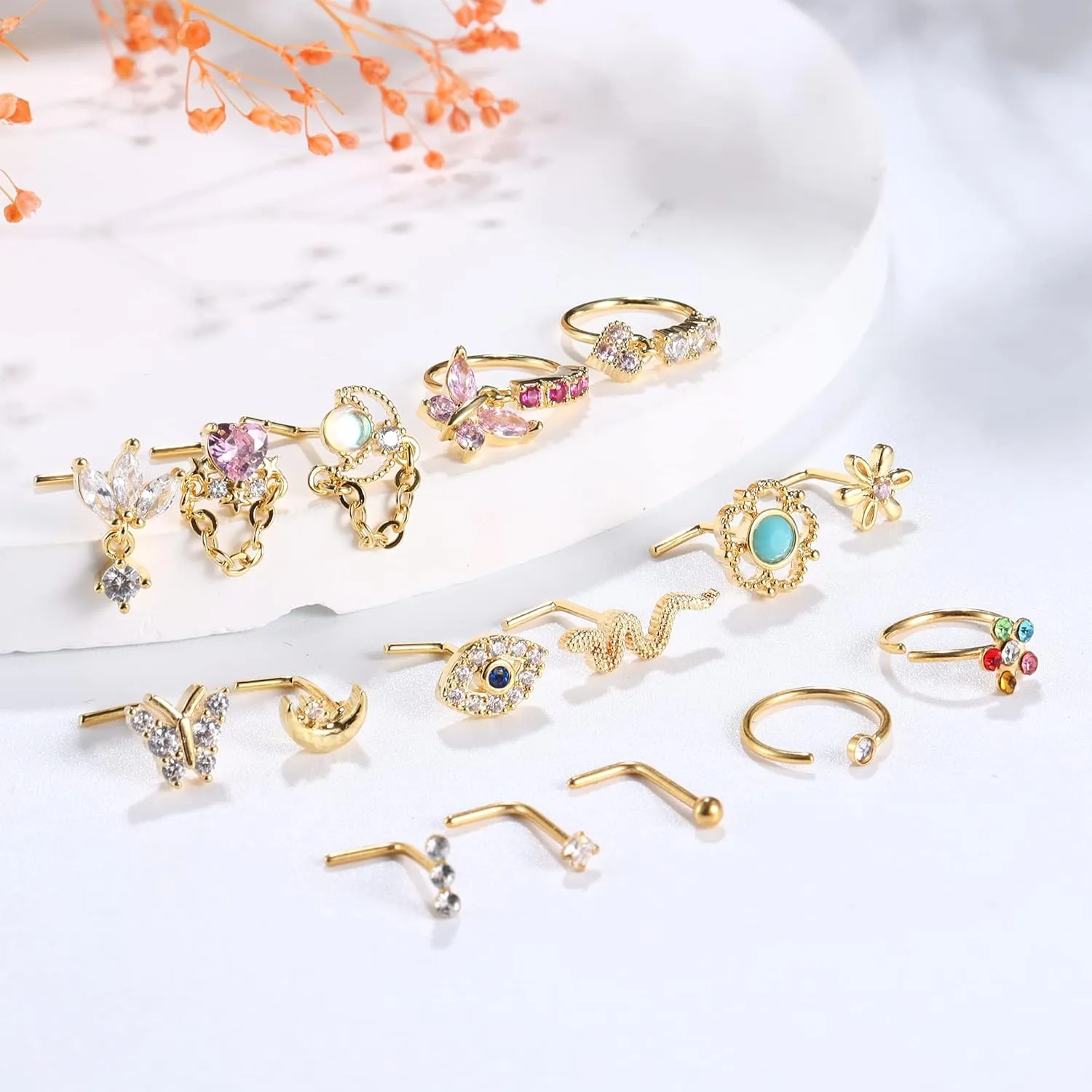 Sanfenly 16Pcs 20G Nose Rings Dangle Nose Ring L Shaped for Women Men Stainless Steel Dangling Heart Butterfly Moon CZ Nose Rings Hoops Studs Nose Piercing Jewelry Gold Rose Gold Silver Black