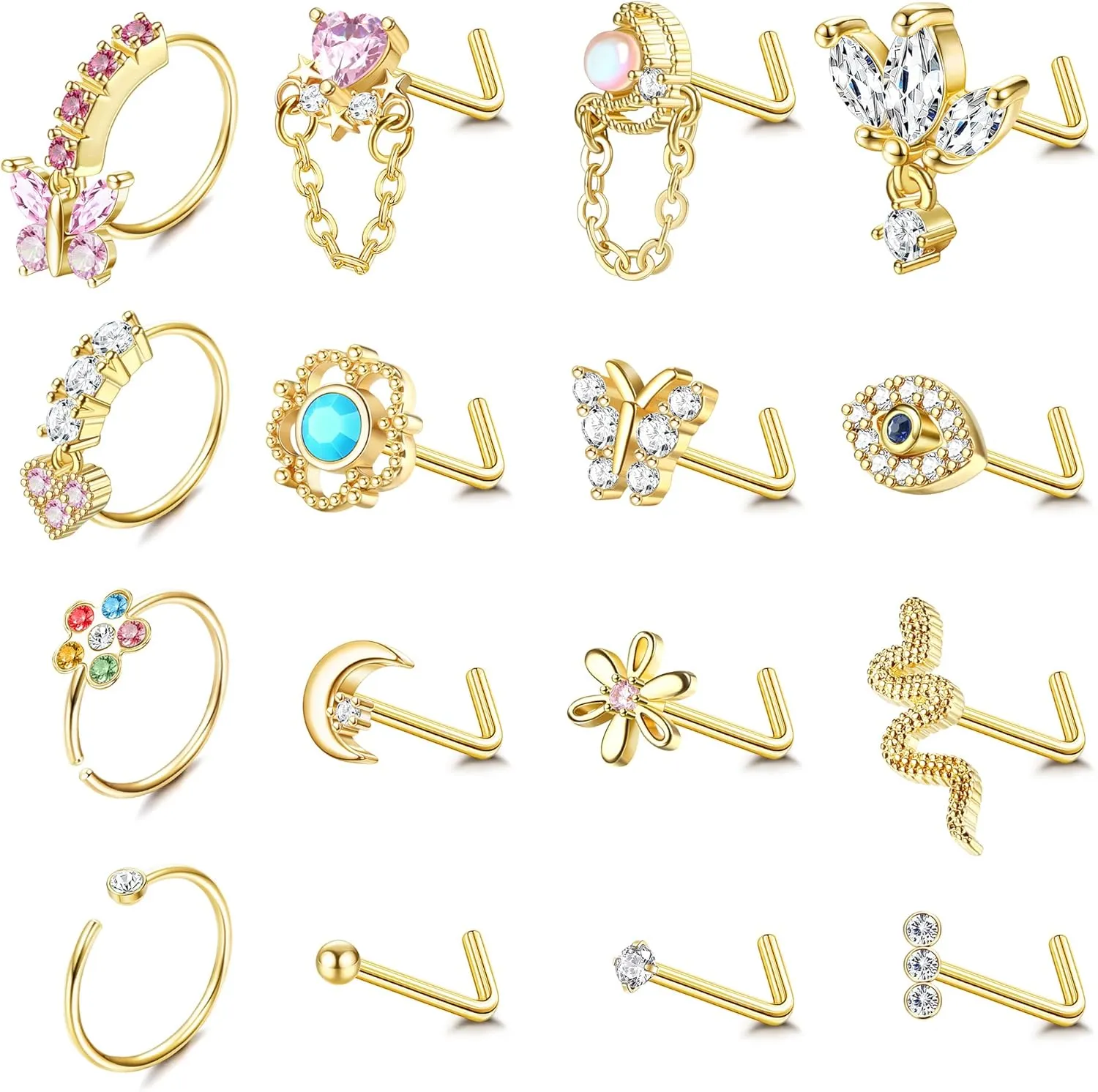 Sanfenly 16Pcs 20G Nose Rings Dangle Nose Ring L Shaped for Women Men Stainless Steel Dangling Heart Butterfly Moon CZ Nose Rings Hoops Studs Nose Piercing Jewelry Gold Rose Gold Silver Black