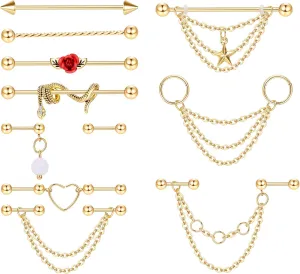 Sanfenly Industrial Piercing Jewelry 14G 16G Stainless Steel Earrings With Chain Dangle Bar Double Cartilage Helix Piercing Barbell for Women Men