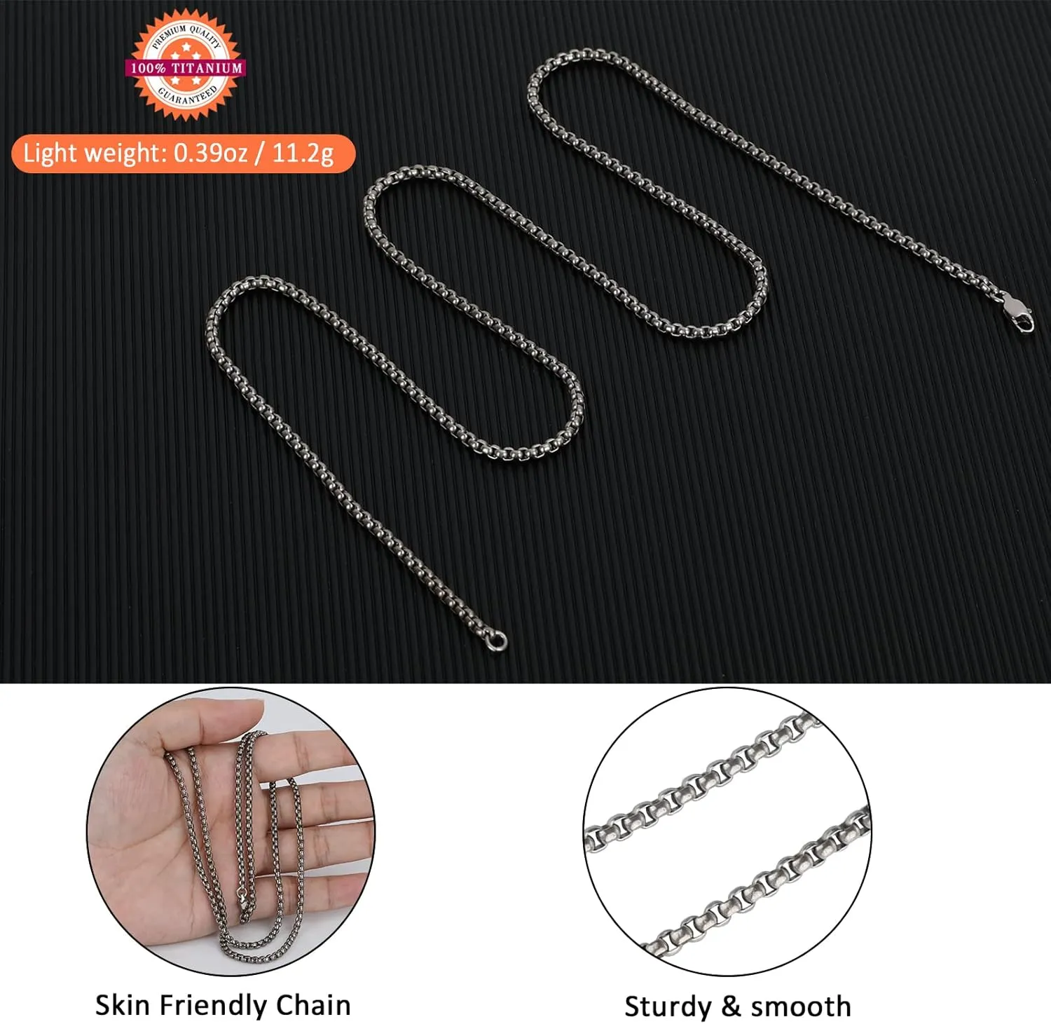 SanThree Pure Titanium Necklace for Men 3mm Square Rolo Chain, Durable Skin Friendly Solid Titanium Round Link Box Chain for Women Gift