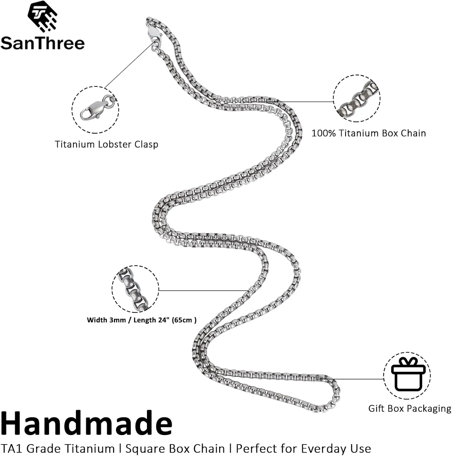 SanThree Pure Titanium Necklace for Men 3mm Square Rolo Chain, Durable Skin Friendly Solid Titanium Round Link Box Chain for Women Gift