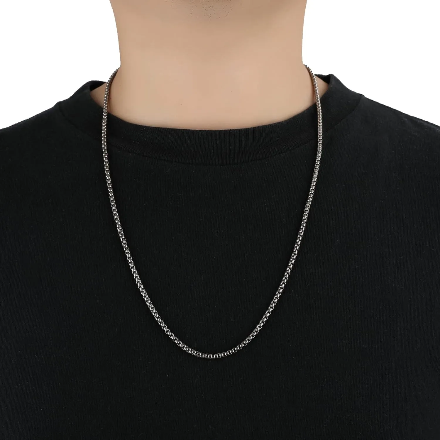 SanThree Pure Titanium Necklace for Men 3mm Square Rolo Chain, Durable Skin Friendly Solid Titanium Round Link Box Chain for Women Gift