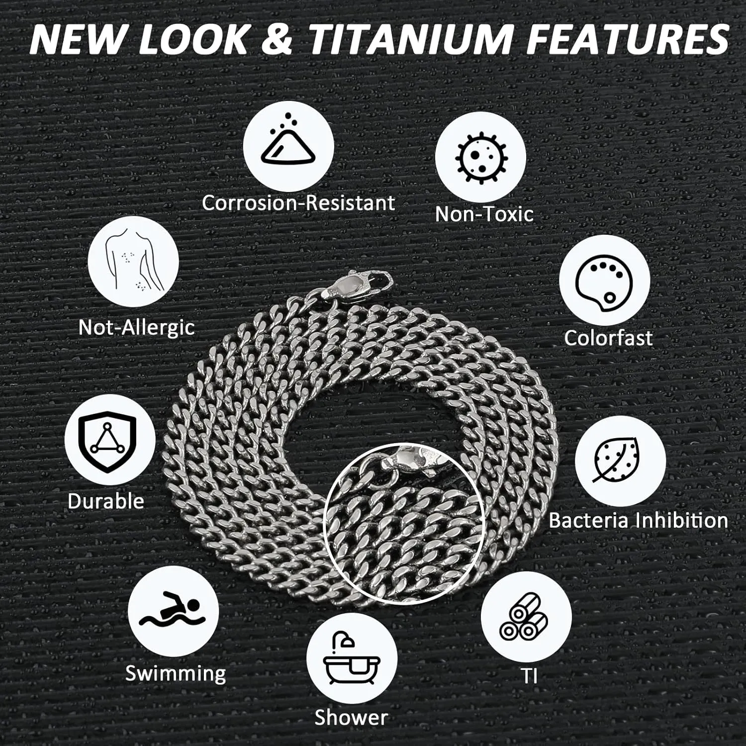 SanThree Solid Pure Titanium Cuban Link Chain 3.5mm Finely Polished Skin Friendly Shinny Curb Chain Necklace for Women Men Sensitive Skin Valentines Birthday Gifts