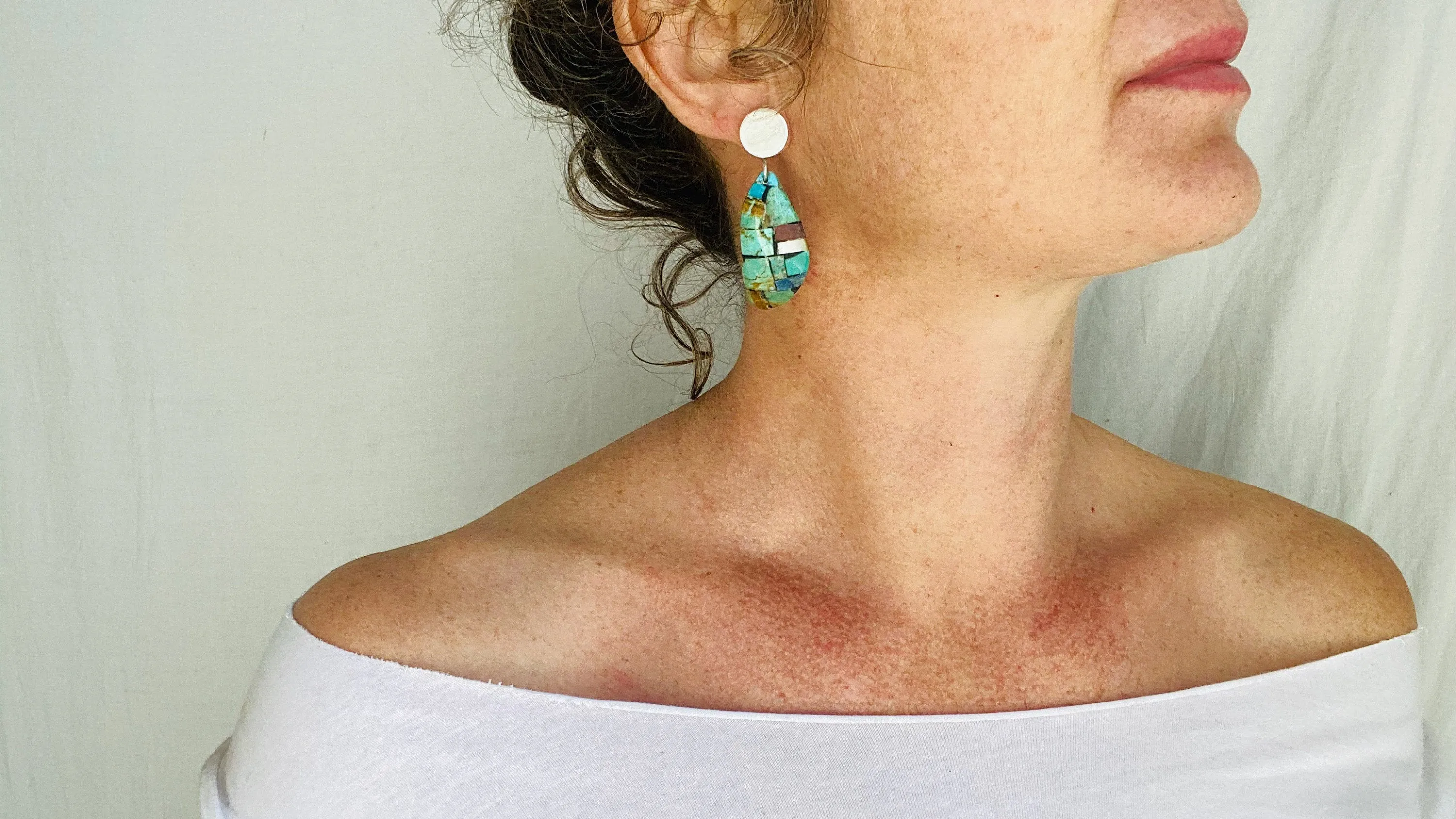 Santo Domingo Pueblo Shell and Stone Mosaic Earrings. Native American