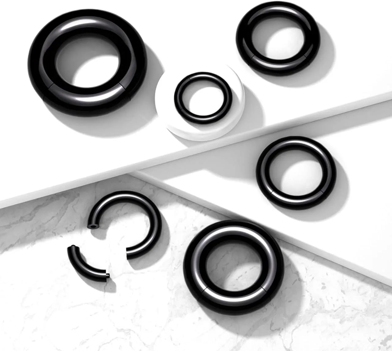 Satix 2PCS 00G 0G 2G 4G 6G 8G Large Gauge Black Acrylic Hinged Segment Rings Captive Bead CBR Nose Hoop Septum Piercing Jewelry 12mm 16mm 19mm
