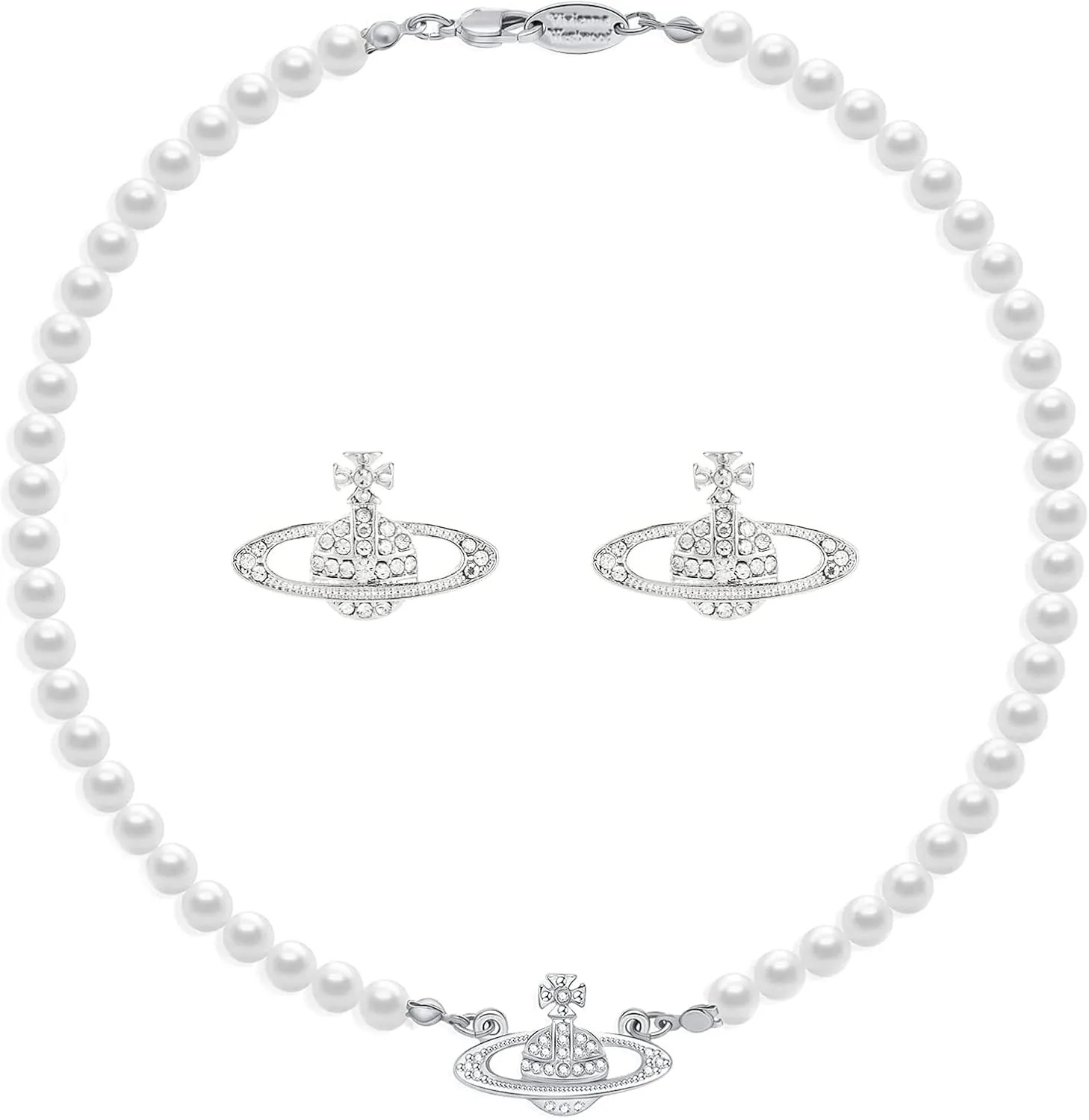 Saturn Pearl Necklace White Pearl Choker Necklace for Women Crystal Rhinestone Planet Necklace and Silver Saturn Stud Earrings Set Jewelry Gifts for Birthday Anniversary Christmas Day