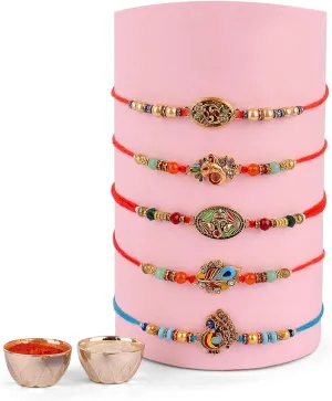 SATVIK 5 Pc Rakhi for Brother Bhaiya Bhabhi Traditional Handmade Assorted Designer Rakhi Set Puja Plate, Roli Chawal, Greeting Card & Soun Stickers Rakhi Thread Rakhdi Bracelets Rakshabandhan