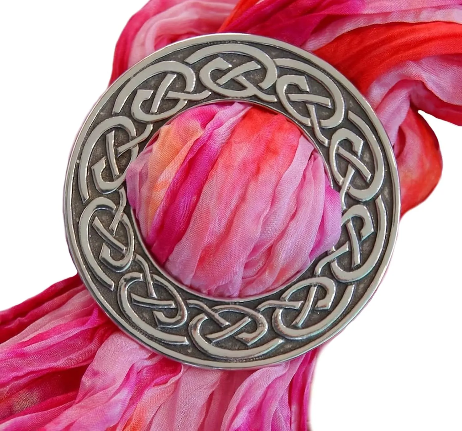 Scarf Ring Clip Pewter Thistle Celtic Knot Dragonfly Frog on Leaf Brooch Round and Grey for Women Clothing Present Accessory Scotland Gift (S M)