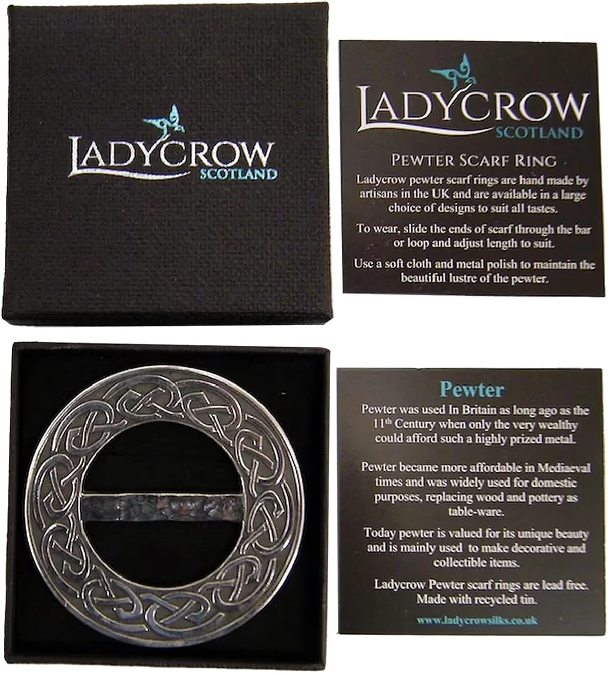 Scarf Ring Clip Pewter Thistle Celtic Knot Dragonfly Frog on Leaf Brooch Round and Grey for Women Clothing Present Accessory Scotland Gift (S M)