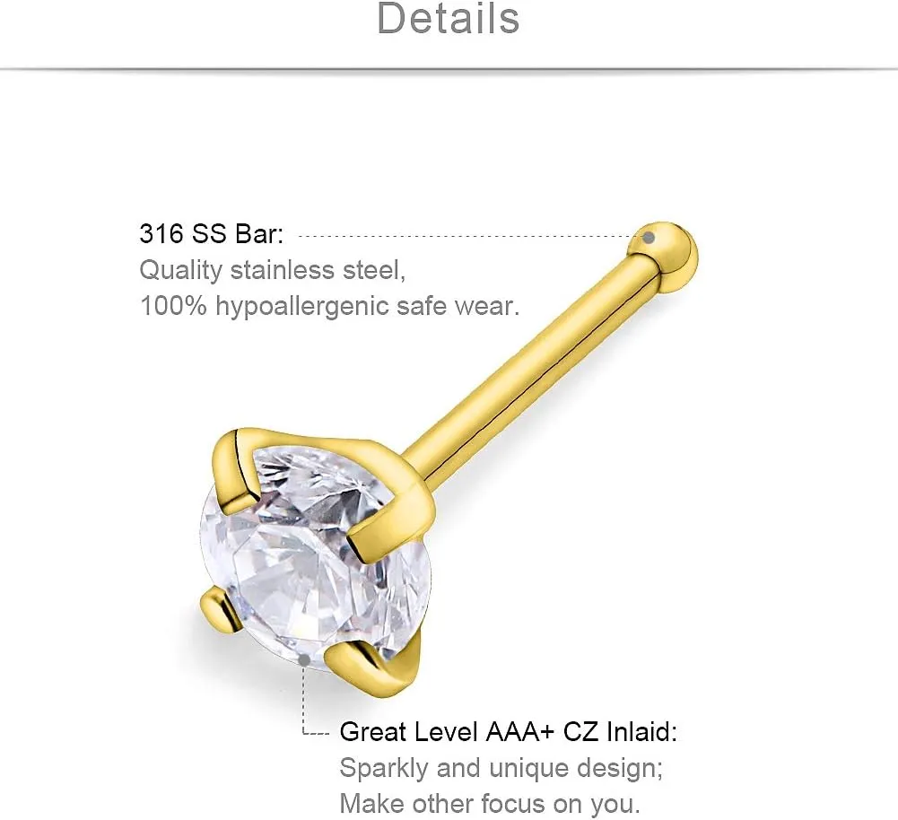 SCERRING 20G Nose Rings Hoop Stainless Steel Bone L Shaped Screw CZ Heart Nose Studs Cartilage Tragus Earrings Piercing Ring Hoop Body Jewelry Set
